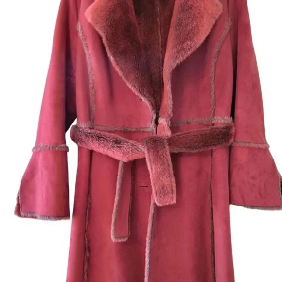 EM Studio London Suede Faux Fur Penny Lane Long Sleeve Belted Fall Winter Coat. - Picture 5 of 15